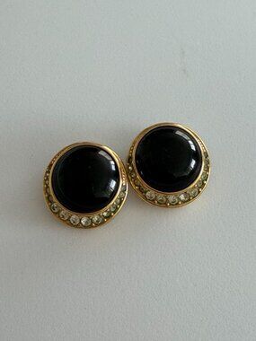 CHRISTIAN DIOR Vintage Black Rhinestone Clip On Earrings